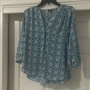 NYDJ Teal and White Patterned Blouse